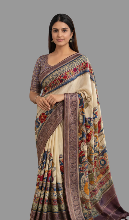 Off White Cotton Silk Designer Saree with Traditional Print Border |DS30|