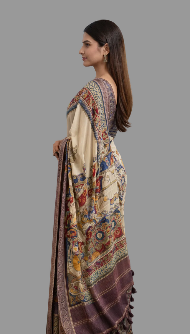 Off White Cotton Silk Designer Saree with Traditional Print Border |DS30|