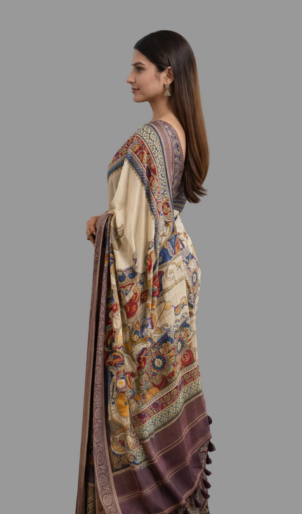 Off White Cotton Silk Designer Saree with Traditional Print Border |DS30|