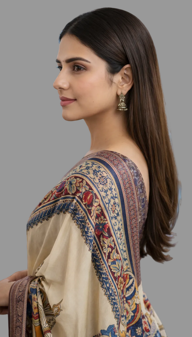 Off White Cotton Silk Designer Saree with Traditional Print Border |DS30|