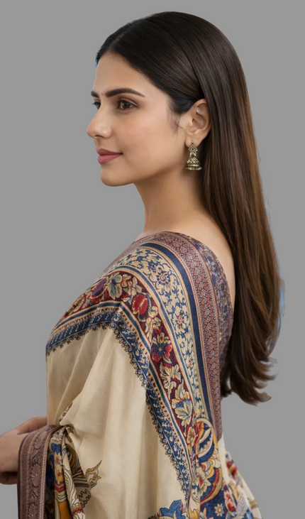 Off White Cotton Silk Designer Saree with Traditional Print Border |DS30|