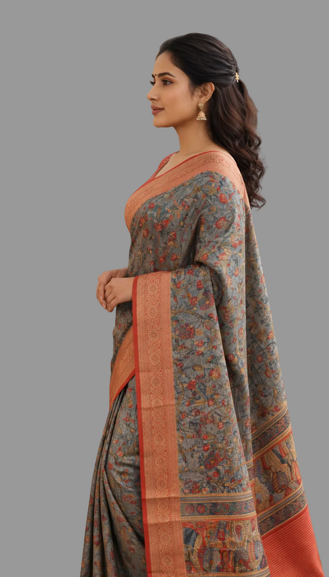 Grey Cotton Silk Designer Saree with Red Zari Border & Printed Motifs |DS30|