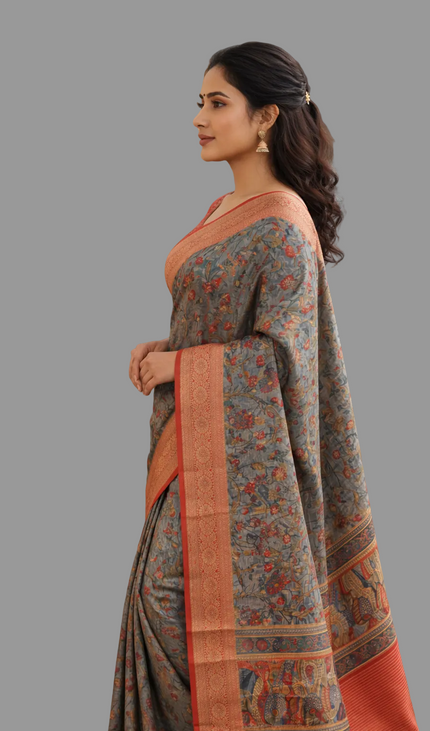 Grey Cotton Silk Designer Saree with Red Zari Border & Printed Motifs |DS30|