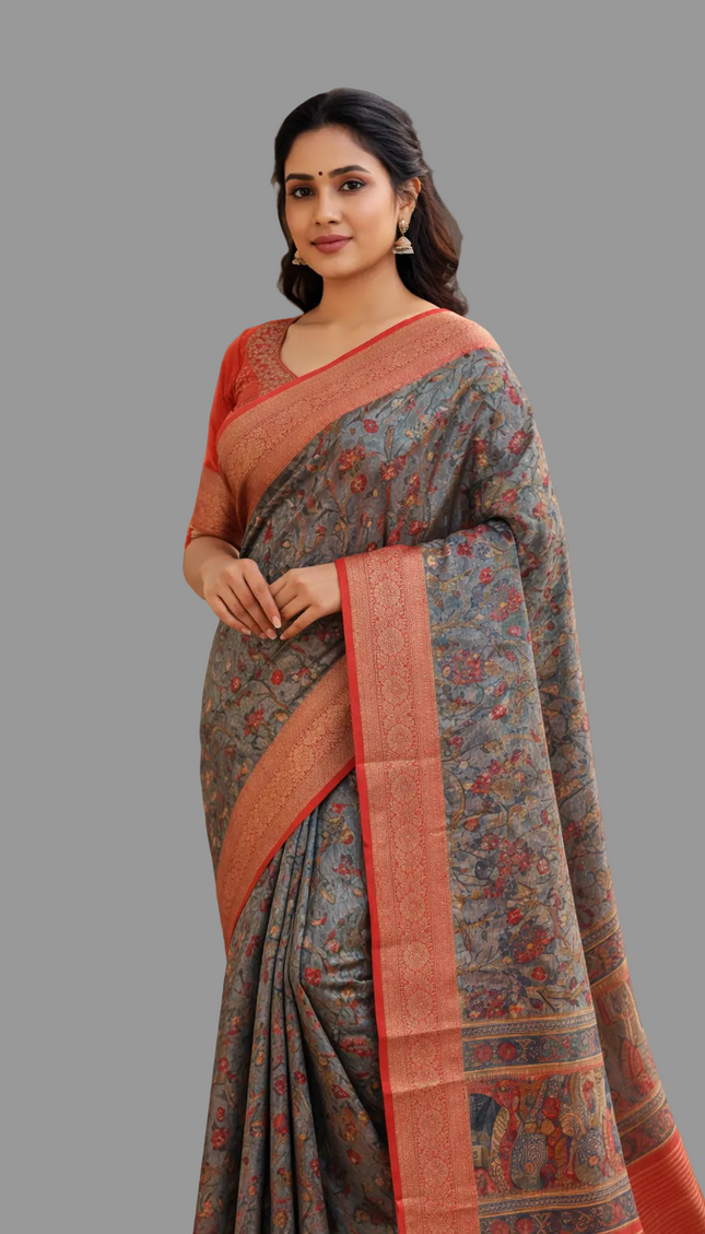 Grey Cotton Silk Designer Saree with Red Zari Border & Printed Motifs |DS30|