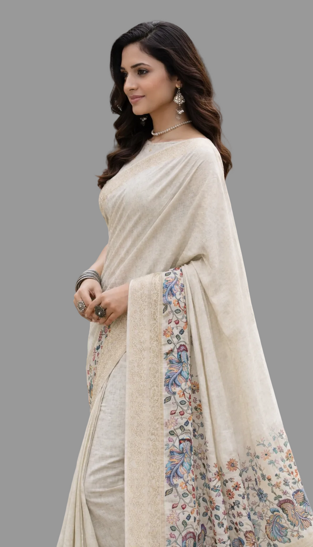 Beige Cotton Silk Designer Saree with Floral Border Print & Blouse |DS30|