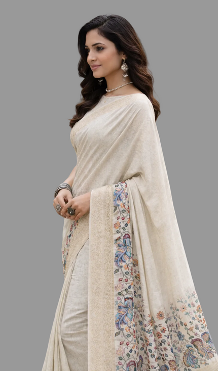 Beige Cotton Silk Designer Saree with Floral Border Print & Blouse |DS30|