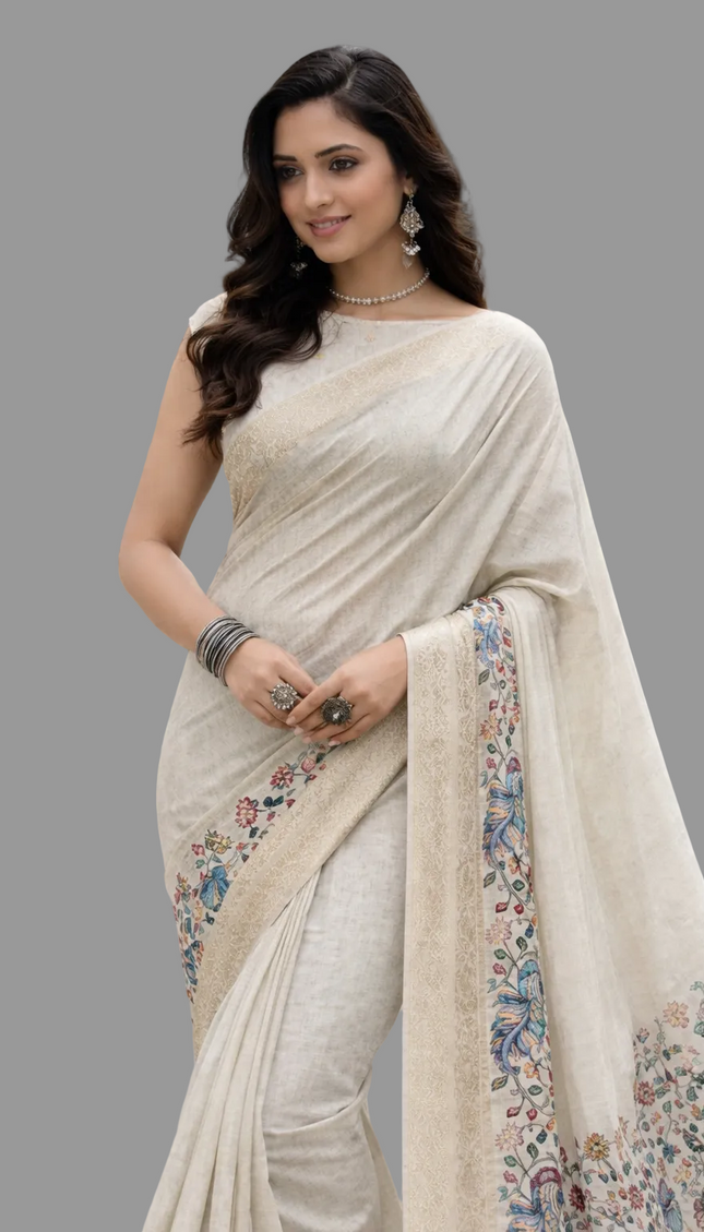 Beige Cotton Silk Designer Saree with Floral Border Print & Blouse |DS30|