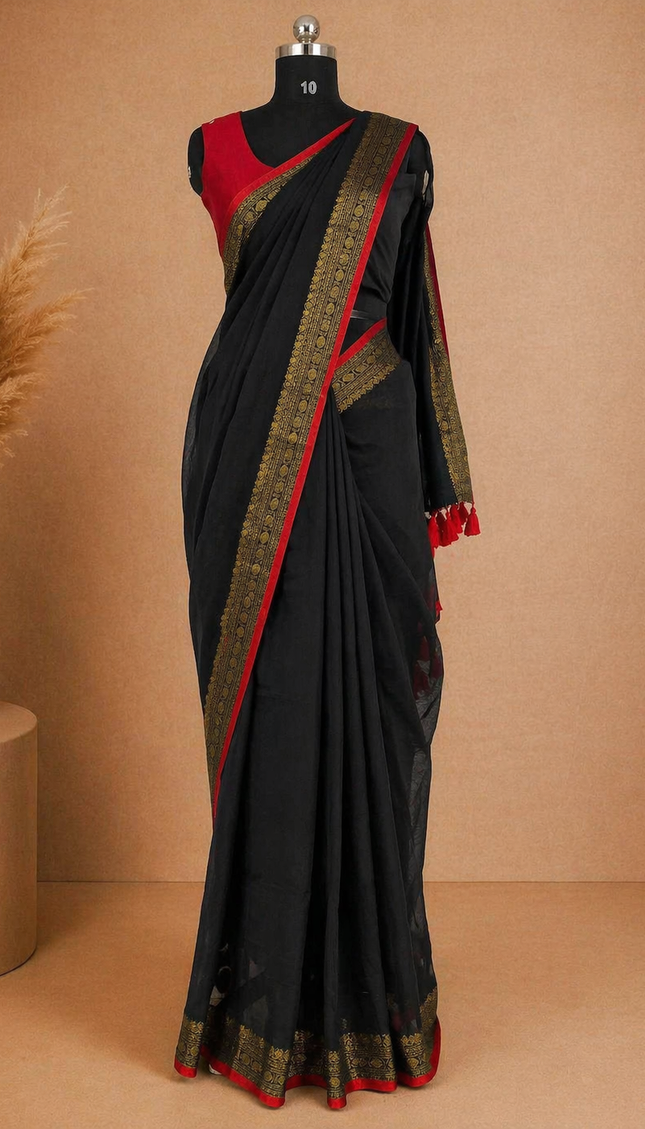 Black Pure Mul Cotton Saree | Pink Floral Buti Embroidery |CS8_12