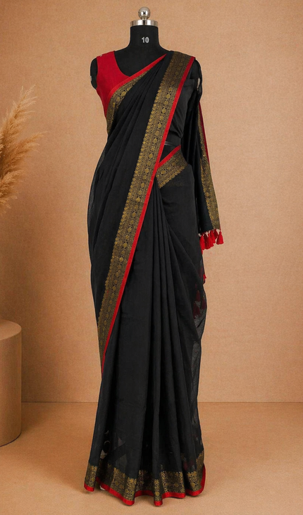 Black Pure Mul Cotton Saree | Pink Floral Buti Embroidery |CS8_12