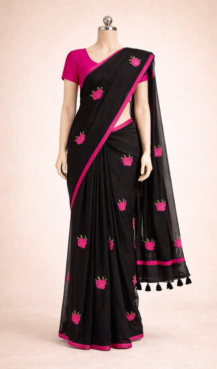 Black Pure Mul Cotton Saree | Pink Floral Buti Embroidery |CS8_7