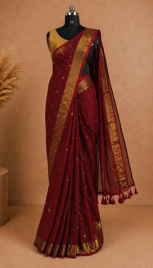 Maheshwari Cotton Saree –Maroon with Zari Buti & Gold Border|CS10_1