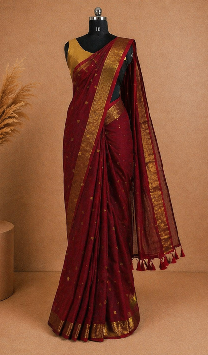 Maheshwari Cotton Saree –Maroon with Zari Buti & Gold Border|CS10_1