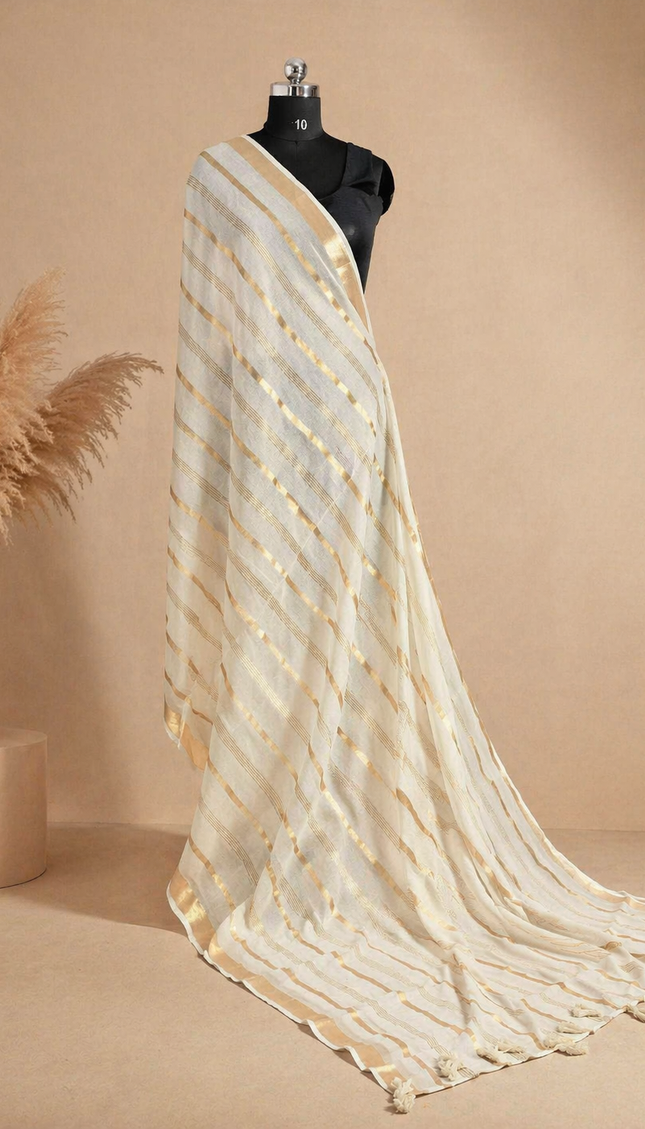 Off White and gold Pure Mul Cotton Saree | Gold stripe body |CS8_8