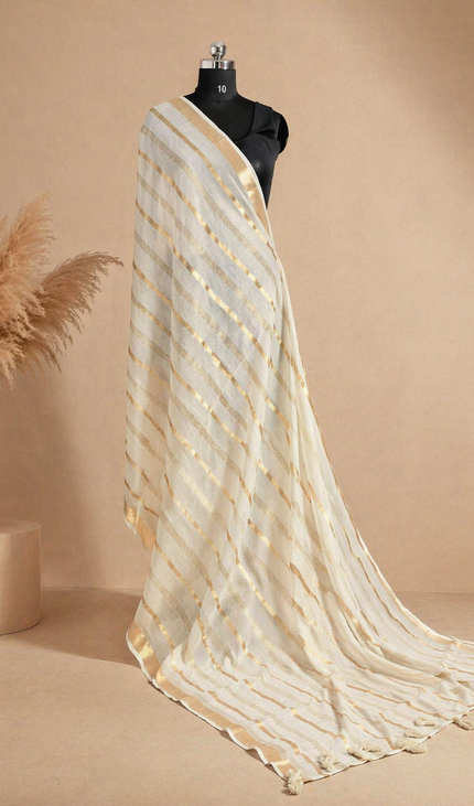 Off White and gold Pure Mul Cotton Saree | Gold stripe body |CS8_8