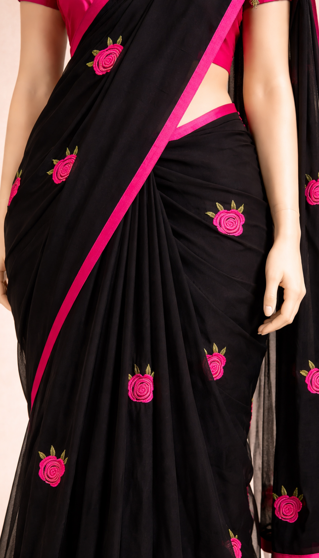Black Pure Mul Cotton Saree | Pink Floral Buti Embroidery |CS8_7