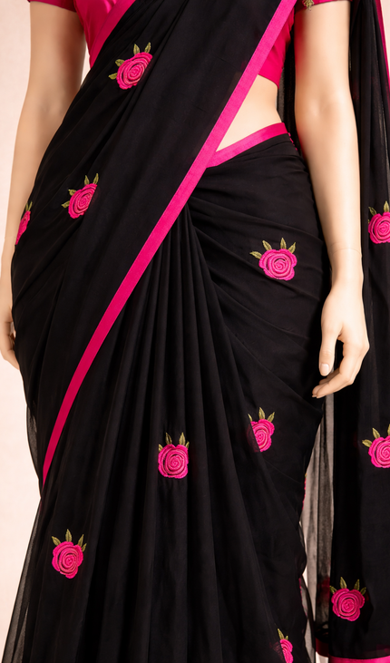 Black Pure Mul Cotton Saree | Pink Floral Buti Embroidery |CS8_7