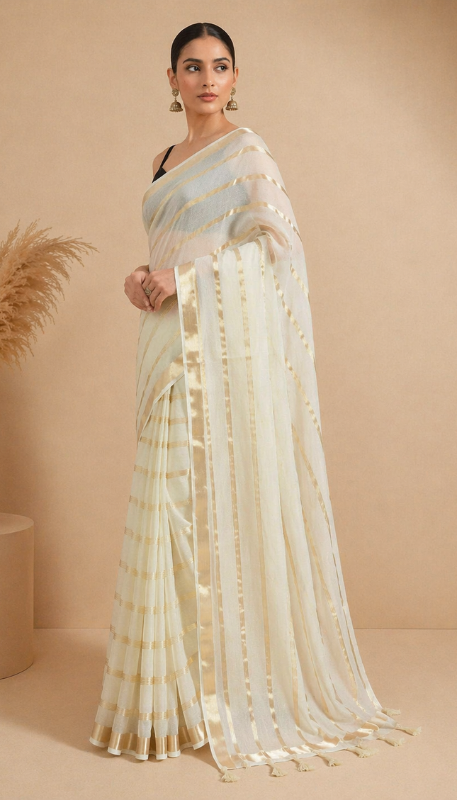 Off White and gold Pure Mul Cotton Saree | Gold stripe body |CS8_8