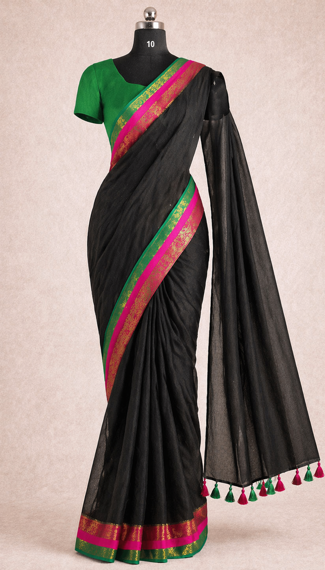 Black Pure Mul Cotton Saree | Pink  Ands Green Border |CS8_9