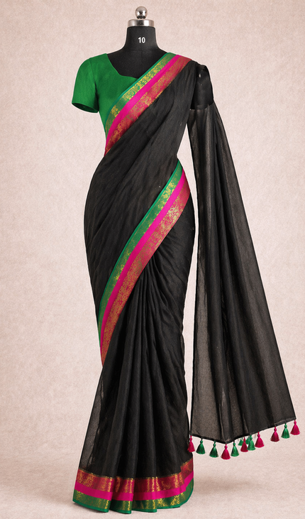 Black Pure Mul Cotton Saree | Pink  Ands Green Border |CS8_9