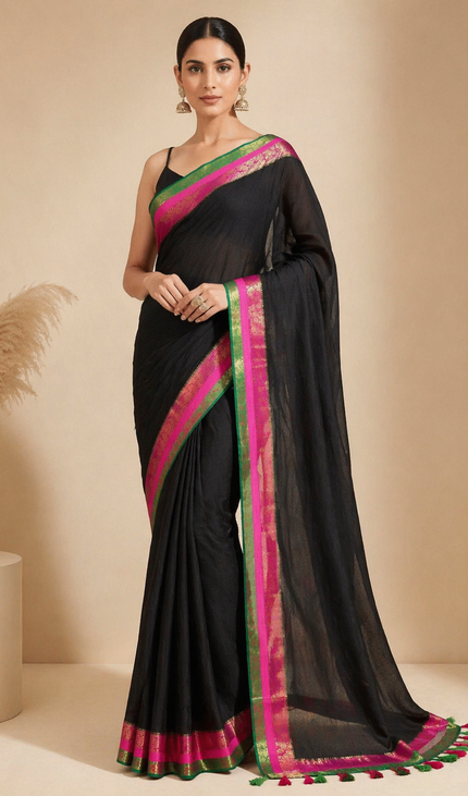 Black Pure Mul Cotton Saree | Pink  Ands Green Border |CS8_9
