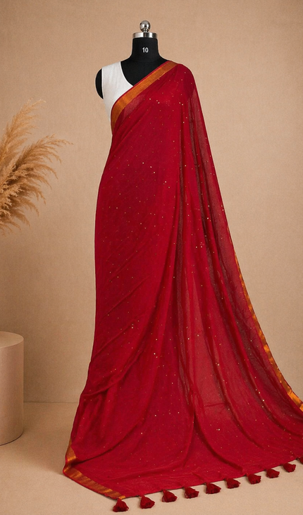 Red  Pure Mul Cotton Saree | Gold stripe body |CS8_11