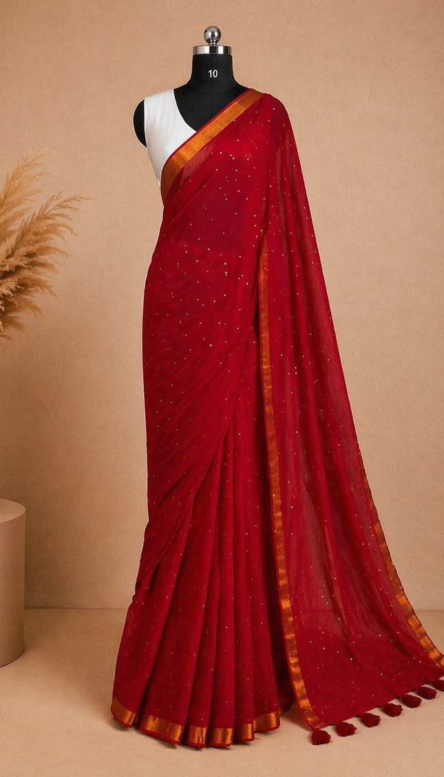 Red  Pure Mul Cotton Saree | Gold stripe body |CS8_11