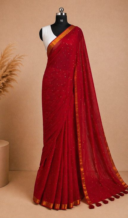 Red  Pure Mul Cotton Saree | Gold stripe body |CS8_11