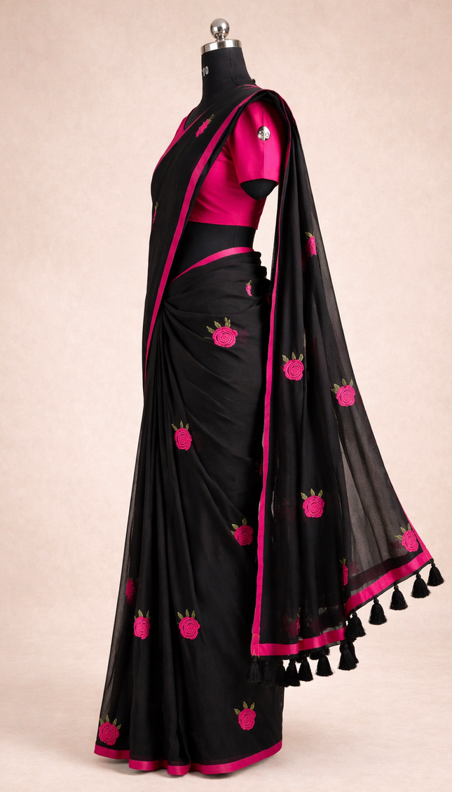 Black Pure Mul Cotton Saree | Pink Floral Buti Embroidery |CS8_7