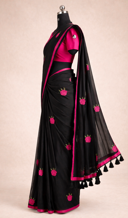 Black Pure Mul Cotton Saree | Pink Floral Buti Embroidery |CS8_7
