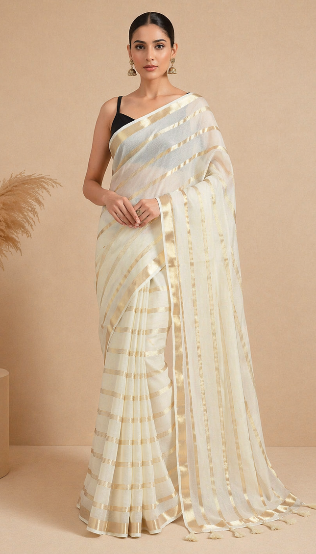 Off White and gold Pure Mul Cotton Saree | Gold stripe body |CS8_8