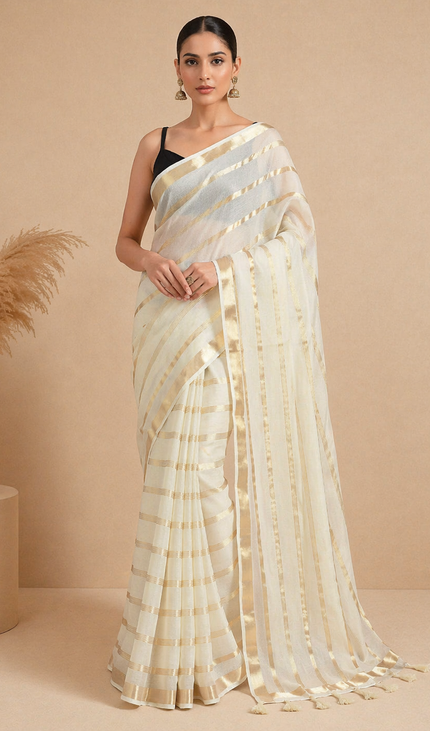 Off White and gold Pure Mul Cotton Saree | Gold stripe body |CS8_8