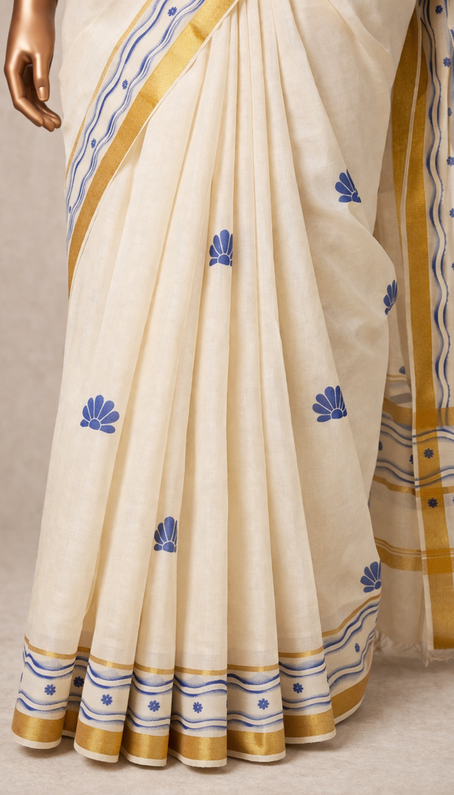Kerala Printed Cotton Saree –Vishu Special Off-White & Gold Small Zari Border|V4