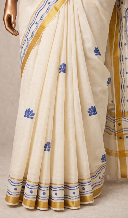 Kerala Printed Cotton Saree –Vishu Special Off-White & Gold Small Zari Border|V4
