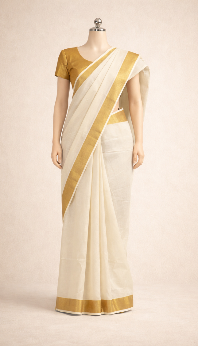 Kerala Cotton Saree –Vishu Special Off-White & Gold Small Zari Border|V2