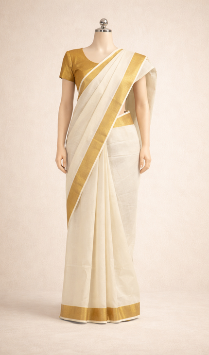 Kerala Cotton Saree –Vishu Special Off-White & Gold Small Zari Border|V2