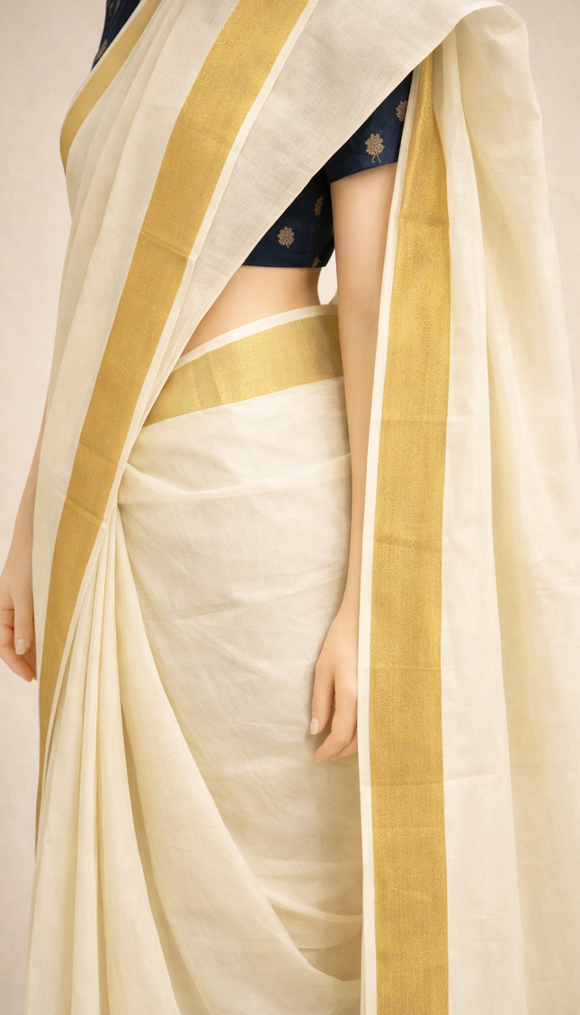 Kerala Cotton Saree –Vishu Special Off-White & Gold Zari Border|V1