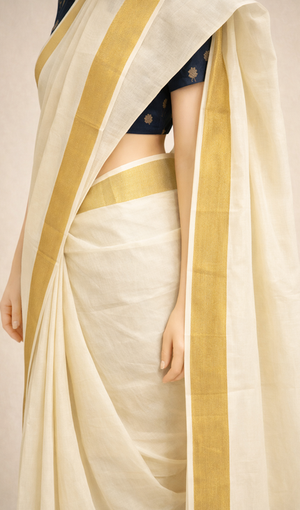 Kerala Cotton Saree –Vishu Special Off-White & Gold Zari Border|V1