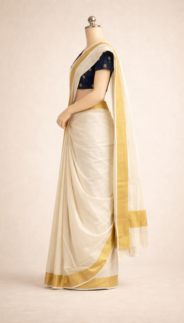 Kerala Cotton Saree –Vishu Special Off-White & Gold Zari Border|V1