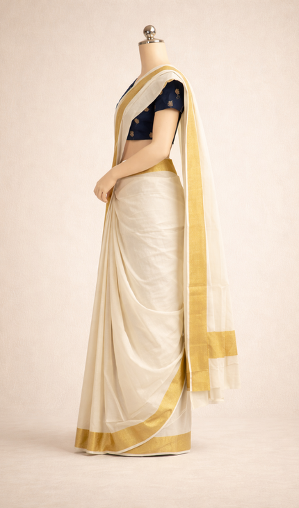 Kerala Cotton Saree –Vishu Special Off-White & Gold Zari Border|V1