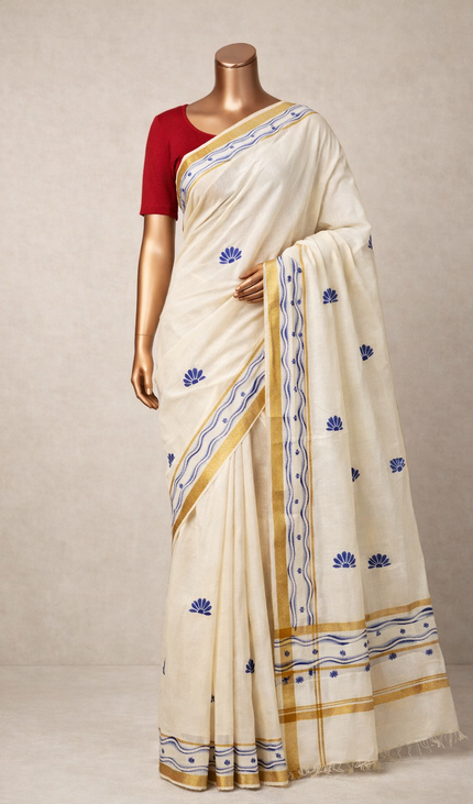 Kerala Printed Cotton Saree –Vishu Special Off-White & Gold Small Zari Border|V4