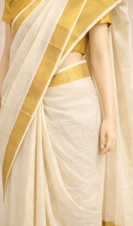 Kerala Cotton Saree –Vishu Special Off-White & Gold Small Zari Border|V2