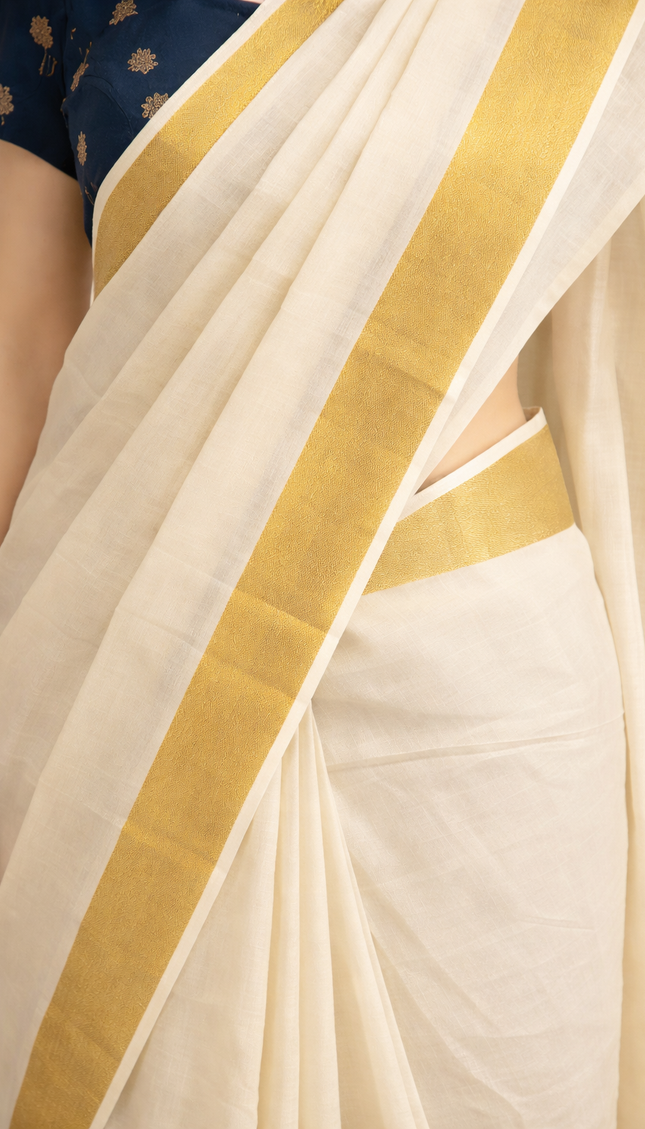 Kerala Cotton Saree –Vishu Special Off-White & Gold Zari Border|V1