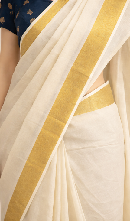 Kerala Cotton Saree –Vishu Special Off-White & Gold Zari Border|V1