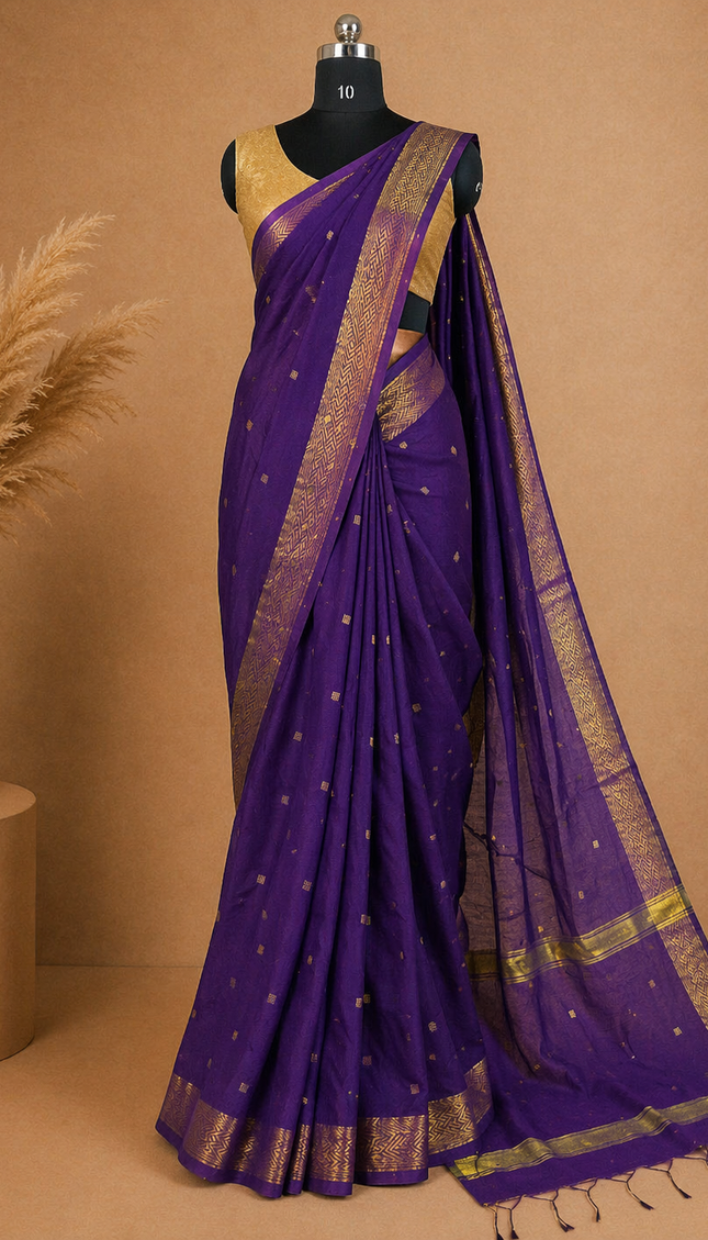 Maheshwari Cotton Saree – Violet with Zari Buti & Gold Border|CS10_2