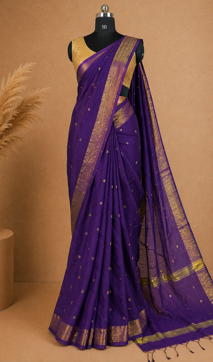 Maheshwari Cotton Saree – Violet with Zari Buti & Gold Border|CS10_2