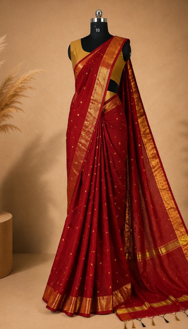 Maheshwari Cotton Saree – Classic Red with Zari Buti & Gold Zari Border|CS10_3