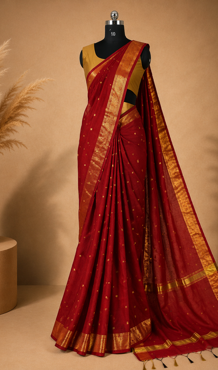 Maheshwari Cotton Saree – Classic Red with Zari Buti & Gold Zari Border|CS10_3