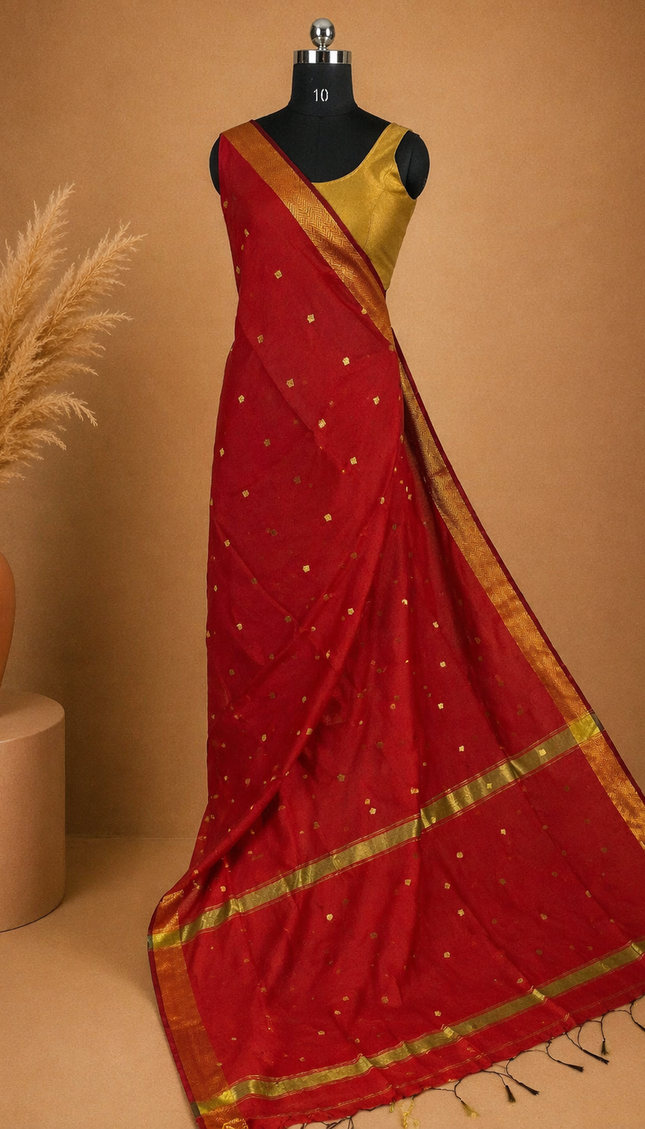 Maheshwari Cotton Saree – Classic Red with Zari Buti & Gold Zari Border|CS10_3