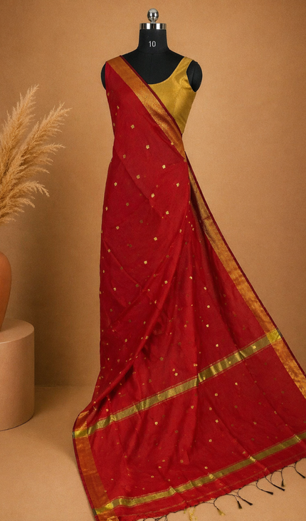 Maheshwari Cotton Saree – Classic Red with Zari Buti & Gold Zari Border|CS10_3