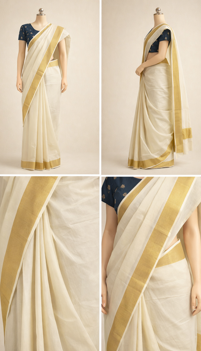 Kerala Cotton Saree –Vishu Special Off-White & Gold Zari Border|V1